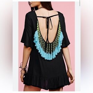 Sundress NWOT womans boho Black Dress with Blue Tassel Detail size XL